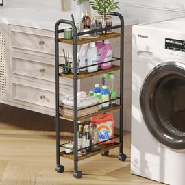 Asgolion Slim Storage Cart, 4-Tier Narrow Rolling Cart with Handle, 5.9 Inches Deep, Slim Bathroom Shelf for Small Spaces, Kitchen, Dining Room, Living Room, Bathroom, Laundry Room, Rustic Brown