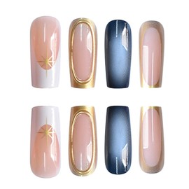 Square Press on Nails Long False Nails French Tip Fake Nails with Gold Designs Glue on Nails Glossy Stick on Nails Cute Artificial Nails for Women 24 pcs