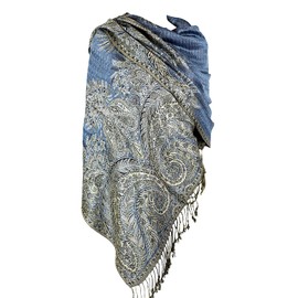 Achillea Luxurious Big Paisley Jacquard Layered Woven Pashmina Shawl Wrap Scarf Stole (Steel Blue)