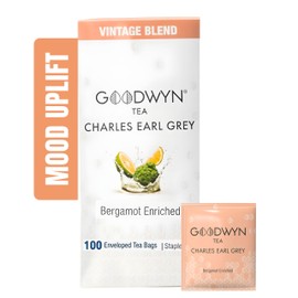 Goodwyn Earl Grey Tea, Black Tea, 100 Tea bags Individually Wrapped Naturally Bergamot Flavored Black Tea Medium Caffeine Smooth Aromatic Sugar Free Gluten Free Plastic Free Travel Friendly Premium Indian Origin Classic Earl Grey Blend