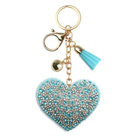 AuPra Diamante Heart KeyRing Gift Women Bling Rhinestone Love KeyChain Home Car Bag Clip Key Holder Lady Girl Crystal Tassel Present (Bright Blue)