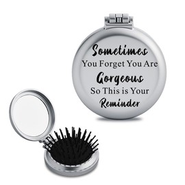 Inspirational Gifts for Best Friends Sister Coworker Unique Foldable Compact Hair Brush Round Mirror with Quotes Sometimes You Forget You Are Gorgeous Encouragement Motivational Gifts for Women Girls