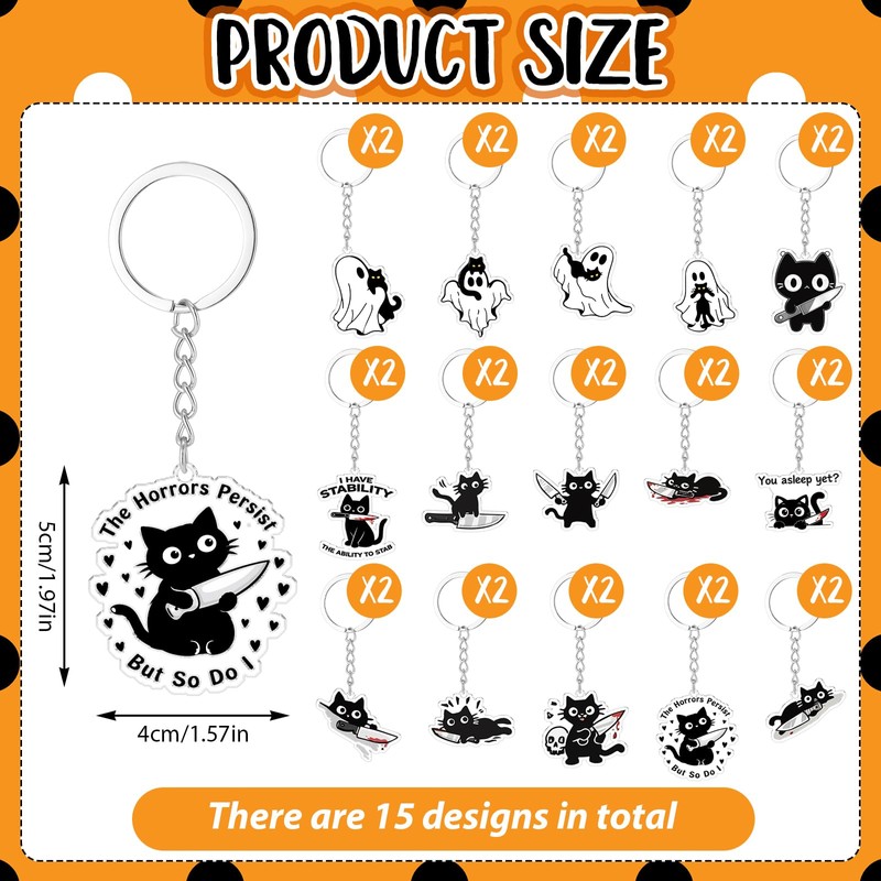 Liliaafar 30 Pcs Halloween Ghost and Black Cat Keychains Bulk