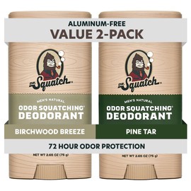 Dr. Squatch Natural Men’s Deodorant – Aluminum Free Natural Deodorant Men with Charcoal & Postbiotics for 72-Hour Odor Protection – Pine Tar + Birchwood Breeze, 2.65oz Stick (2-Pack)