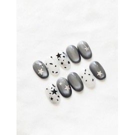 Star Black Magnet Gel Handmade Nail Tips - Short Almond / 별 블랙자석젤 수제네일팁 - 숏아몬드