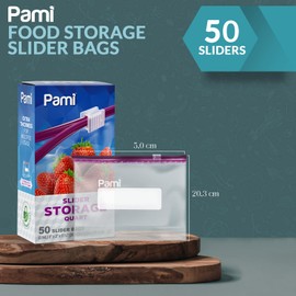 PAMI Thick Leakproof Reusable Slider Zipper Food Storage Bags for Pantry and Freezer with Expandable Base and Write-On Label (Quart 50 Clear)