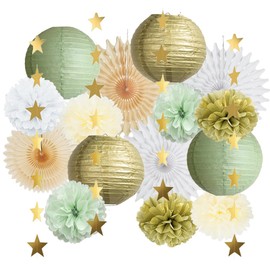 Sage Green Party Decorations Hanging Paper Lanterns Decorative Tissue Paper Pom Poms Sage Green Gold White Decorations with Gold Star Garland for Baby Shower Bridal Shower Birthday Wedding Engagement