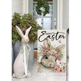 EKOREST Happy Easter Garden Flags for Outside, Watercolor Bunny with Flowers Small Seasonal Decoration for Holiday Anniversary Yard Outdoor Decor 12x18 Inch Double Sided