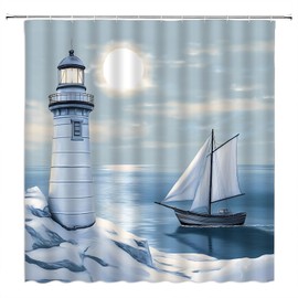 Ocean Lighthouse Shower Curtain Blue Nautical Sea Sunrise Seascape Sailboat Coastal Fabric Curtain with Hooks for Bathroom Decor,70x70 Inch