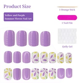 CharmBurst 24 Stück Sommer Press on Nail, Kunstnägel, Kurze Quadratische Lila Fingernägel, Blumen-Muster, Vollständige Abdeckung, Aufklebbare Press-on-Nägel