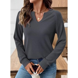 BLENCOT Long Sleeve Notched V Neck Shirts for Women Sweatshirts Lace Patchwork Waffle Knit Blouse Casual Loose Fit Fall Tops Dark Grey Medium