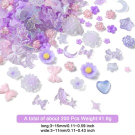Ipotkitt 200 Pcs Resin Violet Cabochons Mixed Shapes Flower Bear Moon Nail Art Decoration Charms Mini Nail Accessories for Nail Art Supplies Manicure