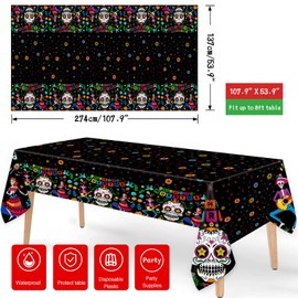 DPKOW Sugar Skull Tablecloth Day of The Dead Decorations Dia De Los Muertos Table Covers Plastic Halloween Day of The Dead Table Home Decorations Supplies Mexican Party Cinco de Mayo, 9 * 4.5 ft