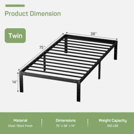 Twin Size Bed Frame, Metal Platform Frames No Box Spring Needed, Heavy Duty with Storage Space, 14 Inches High, Sturdy Steel Slat Support, Black