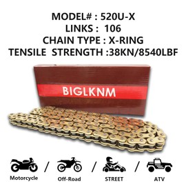 BIGLKNM 520 X-Ring Chain, 106 Links Heavy Duty Motorcycle Gold Chain with Connecting Master Link