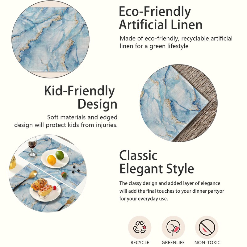 Blue Marble Pattern Placemats Set of 6,Table Mats Non-Slip Heat
