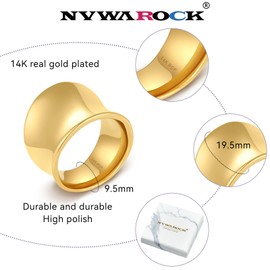 NVWAROCK Gold Wide Statement Band Rings for Women and Men，14K Real Gold Plated High Polish Large Thumb Index Full Finger Ring Size 7