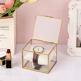 JUXYES Clear Single Watch Display Case with White Watch Pillow, Luxury Brass Glass Watch Organizer Holder Stand Small Watch Collection Box for Men and Women, Gold