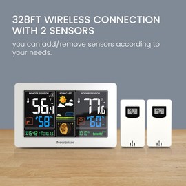 Newentor Weather Station, Indoor Outdoor Thermometer Wireless with 2 Temperature Humidity Sensor, 328FT Long Working Range, USB Charging Port and Adjustable Backlight White