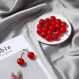 Eldraqth 50pcs Red Artificial Cherries, Fake Mini Cherries Fake Fruit Decor Simulation Lifelike Fruit Cherry Ornament Cherry Model for Party Bowl Home Kitchen Photography Props Craft Supply