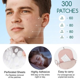 Pack of 300 pimple patches, anti-pimple patches, acne patches, 2-in-1 waterproof pimple patches, waterproof and breathable absorption acne patches, invisible hydrocolloid acne pimple patch