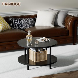 FAMIDGE Round Coffee Table, 23.6" Circle Coffee Table for Living Room, 2-Tier Wood Accent Center Table with Open Storage Industrial Design Home Furniture, Black