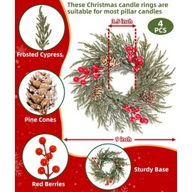 4 Pack Flocked Mini Christmas Wreath Candle Rings – 9"x3.5" Snowy Cypress Wreaths with 20 Branches 21 Red Berries & 3 Pinecones, Small Xmas Candle Wreath Decor for Cabinet Table Centerpiece Holiday