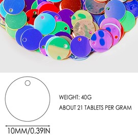 40g Shiny Flat Round Paillettes Mix Color 10mm PVC Loose Sequins with Hole for DIY Crafting,Sewing