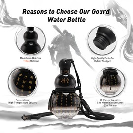 Kearnybo Gourd Water Bottle Tritan BPA-Free 210°F Heat Resistant - Leak-Proof Push-On Rubber Stopper, Stylish Gradient Colors with 2 Versatile Straps for Hanging - Durable (Black)