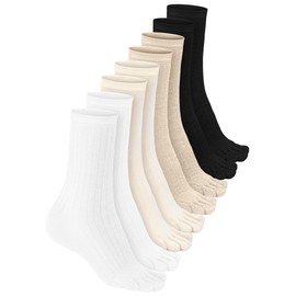 Bencailor 4 Pair Women Five Toe Socks Cotton Crew Ankle Socks with Toes for Women Men Athletic Running(White, Beige, Cream, Black,5-9)