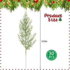 Watayo 30 Pcs Artificial Pine Branches- 13.5 Inch Plastic Faux Pine Leaves Picks- Fake Christmas Greenery Pine Sprigs for DIY Garland Wreath Christmas Party Home Garden Decoration