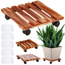 3 Pack Plant Caddy with Wheels Heavy Duty 16 Inch Wooden Plant Stand with Wheels Plant Dolly Rolling Plant Stand Plant Roller with Casters for Indoor and Outdoor with 3 Pack Plant Saucers, Square
