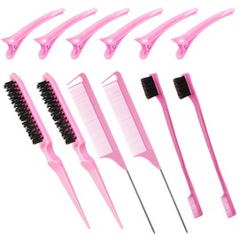 Goiple Hair Styling Brush Set, 12 Pieces Nylon Teasing Hair Brush Rat Tail Comb with Duckbill Clips, Double Sided Edge Brush for Edge & Back Brushing, Combing, Slicking Hair for Women Girls (Pink)