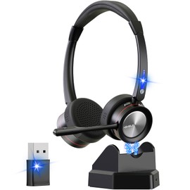 KEMEILE Wireless Bluetooth Headset with Microphone AI Noise Cancelling for Computer/PC/Laptop/Cellphone, Bluetooth Headphone with Mic Mute & Charging Base for Home Office/Call Center/Teams/Zoom, etc