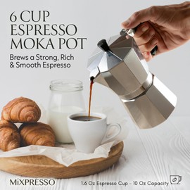 Mixpresso 6 Cup Aluminum Moka Stove Coffee Maker, Moka Pot Coffee Maker for Italian and Cuban Café Brewing, Classic Italian Coffee Maker, Espresso Maker Stovetop Greca Coffee Maker, Camping Pot 10 Oz