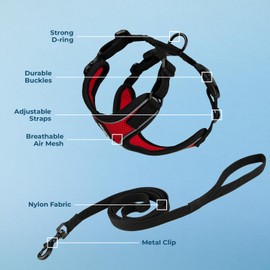 Voyager Escape Proof Cat Harness and Leash Set with Reflective Stitching, Neoprene Handle 5ft - Supports Small, Medium and Large Cats, Kittens for Walking by Best Pet Supplies - Black Trim-Red, XXS