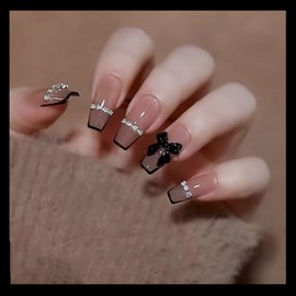 24 PCS Nude Long False Nails,Black Edge Glossy French Press on Nails Ballerina Fake Nails Full Cover Coffin Nails with Rhinestones Design for Women and Girls Daily Decoration