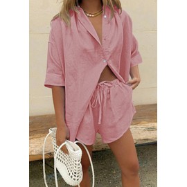Fixmatti Summer Shorts Set Women 2 Piece Outfits Button Down Shirts Drawstring Short Pant Casual Sets Pink S