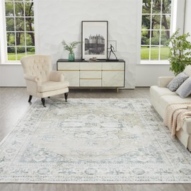 Syalife Washable Rugs, Area Rugs 9x12 Living Room with Non Slip Backing, 9'x 12' Rugs Distressed Indoor Carpet Non-Shedding Low Pile Rugs for Bedroom, Dining Room, Office (Tan, 9'x 12')