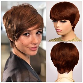 Short Pixie Cut Wigs Chocolate Brown Human Hair, Brown 4B# Straight Short Layered Pixie Cut Wigs Daily Use Hair for Black Women with Bangs, 5 Inch Wear and Go Short Wigs Glueless None Lace Wig