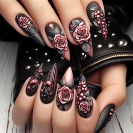 BABALAL Long Stiletto Press on Nails Pink Black Fake Nails Rose Goth Glue on Nail Supplies Y2k Punk Acrylic Nail Art 24Pcs Matte Manicure Stick on Almond Nails Diy Coquette Gel Nails