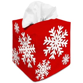 Tissue Box Cover Square Canvas Decorative Tissue Box Holder Cute Funny Cube Tissue Case Cover-Xmas Decor Christmas Snowflake Red Tissue Box Cover
