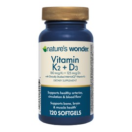 Nature's Wonder Vitamin K2 + D3 with MenaQ7 for Cardiovascular, Brain, Bone and Muscle Health, 120 Softgels, 120 Day Supply