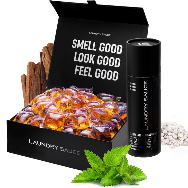 Laundry Sauce - Luxury Scented Laundry Detergent Pods & Scent Booster Bundle (Australian Sandalwood), Premium Laundry Washing Pods with High-End, Sophisticated Fragrances, Dye Free & HE Compatible