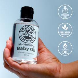 Coconut Essentials BABY OIL - Liquid Coconut oil (MCT) - No Mineral oil - Unscented Moisturizer - Infant & Newborn - Massage, Scalp Sensitive Skin, Eczema & Dry Skin Relief - Fragrance Free (6oz)