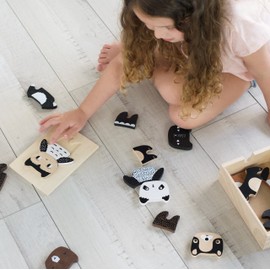 Wee Gallery Mix and Match Animal Tiles - A Modern Wooden Toy for Travel, Playtime, Creative Play, Motor Skills, Puzzle Skills, with Wood Storage Box (Ages 2 and up)