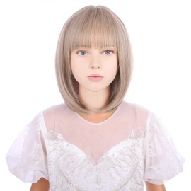 WAVELNM Kids Blonde Wig with Bangs Ash Blonde Child Wig Girls Short Bob Wig Strawberry Blonde Bob Wig for Kids Synthetic Wigs with Wig Cap