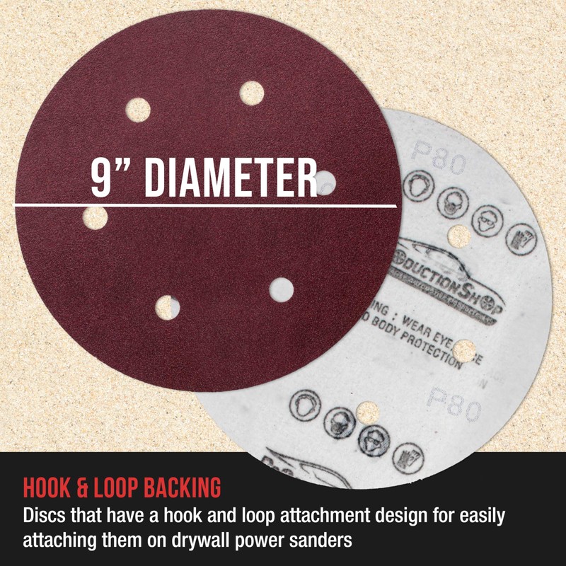 ProductionShop Premium 9" Red 6-Hole Pattern 80 Grit Sanding Discs,