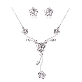 EleQueen Women's Gorgeous Clear Round Rhinestone Crystal Flower Y-Necklace Stud Earrings Jewelry Set for Wedding Bridal Party