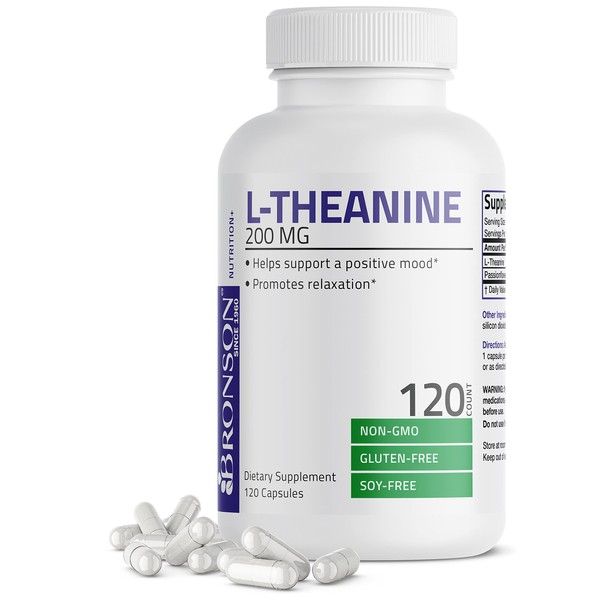 Bronson L-Theanine 200mg (Double-Strength) with Passion Flower Herb, Non-GMO Gluten-Free Soy-Free Stress Management Supplement, 120 Capsules